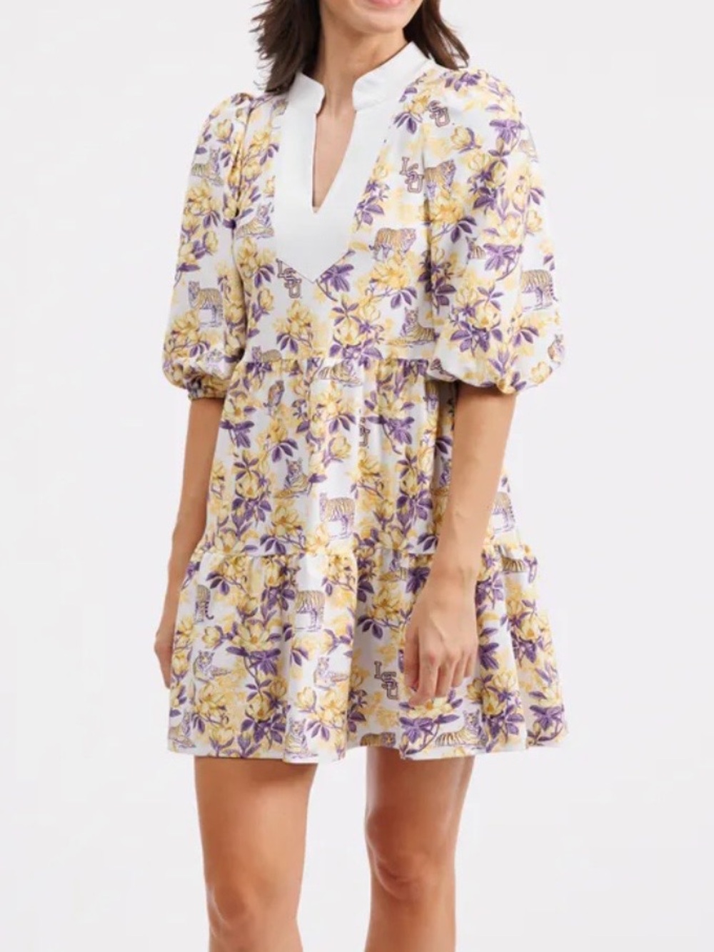 LSU Tiered Floral Mini Dress in White, Purple, and Gold
